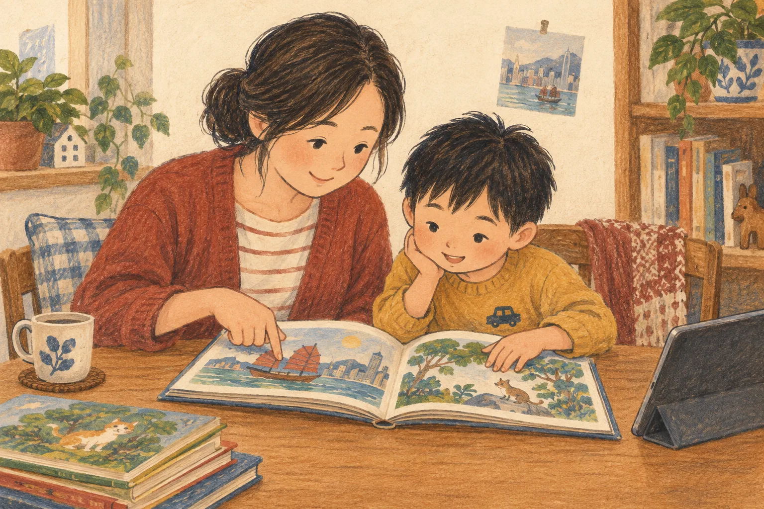 媽媽與孩子並肩坐著,自在地一起看圖書的親子共讀插圖